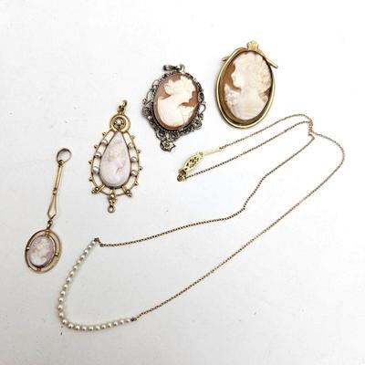 Lot of Shell Cameo Pendants Plus 14k Gold Necklace with Tiny Pearls.