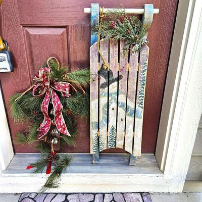  Festive Painted Rustic Christmas Sled Plus Hanging Garland with Leather Strap of Sleigh Bells Inside