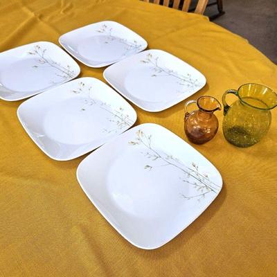  Set of Ten Corelle Square Dinner Plates - Round Mustard Linen Table Cloth - Two Hand Blown Little Pitchers 