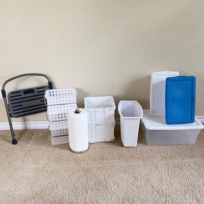 Storage Solutions Lot - Bins, Organizers, Folding Stool & More