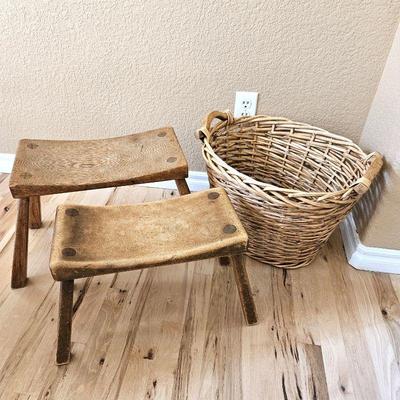  Set of Two Antique Wooden Footstools Plus Wicker Basket