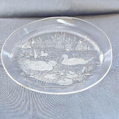 Vintage Glass Serving Platter Ducks in Pond - Etched Bottom.  14"L x 10.5W x 2"D