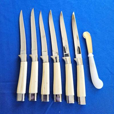  Set of Six Carvel Hall by Briddell Bone Handles Knives, Plus Small Knife with Mother-Of- Pearl Handle