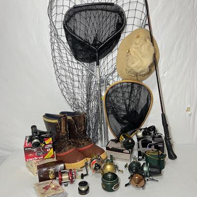 Fishing Equipment Collector's Lot - Reels, Sorel Boots, Nets, and More