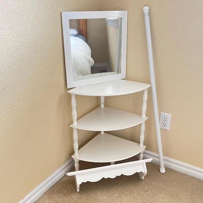 Corner Shelf with Mirror, Decorative Wall Shelf, and White Curtain Rod