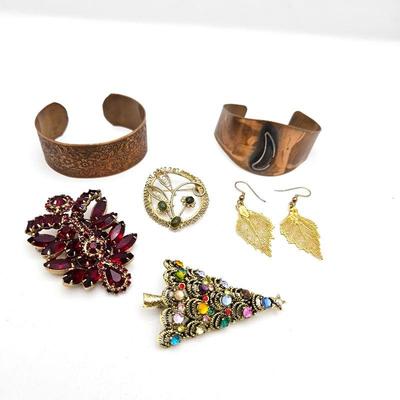 Rhinestone Pendants - Filigree Gold Tone Pendant, Leaf Earrings , Christmas Pendant & Two Copper Bracelets