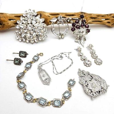  Lot of Sterling Filigree Jewelry Plus Trifari Vintage Rhinestone Pendants