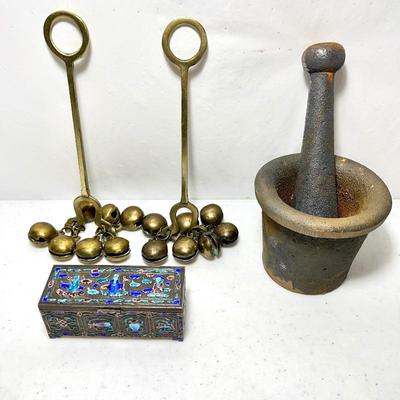 Vintage Korean Shaman Mudang Ceremonial Handbell, Cast Iron Mortar & Pestle, Enameled Chinese Stamp Box