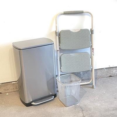 Simple Human Trash Container, folding step ladder and a modern mesh trash can