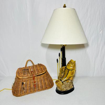 Fishing-Themed Lamp & Decorative Wicker Basket Lot