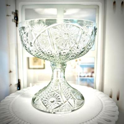 Clear Depression glass on white milk glass cake  platter