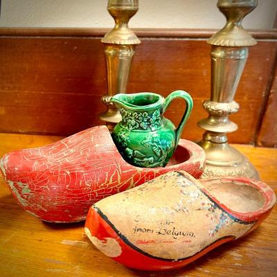 Vintage majolica pitcher and Dutch wooden shoes