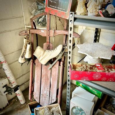 Vintage sled and ice skates