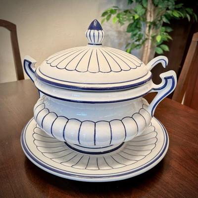 Blue & white covered soup tureen, platter, and ladle from Portugal