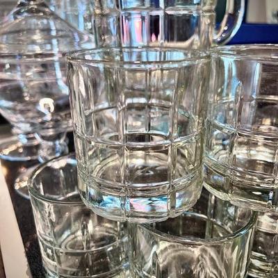 Set of vintage Anchor Hocking "Tartan Plaid" double old fashioned rocks glasses and pitcher