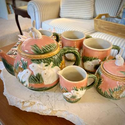 Vintage Henriksen majolica bunny teapot, cream & sugar, and mugs 