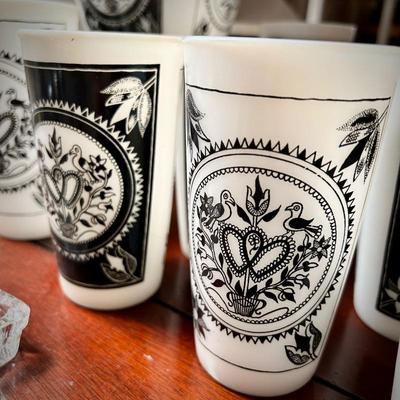 Hazel Atlas "Love Birds" milk glass ice bucket and tumblers