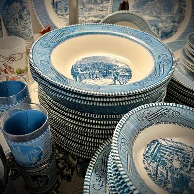Vintage blue Currier & Ives china set - 170+ pieces