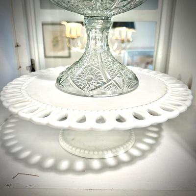 Clear Depression glass on white milk glass cake platter