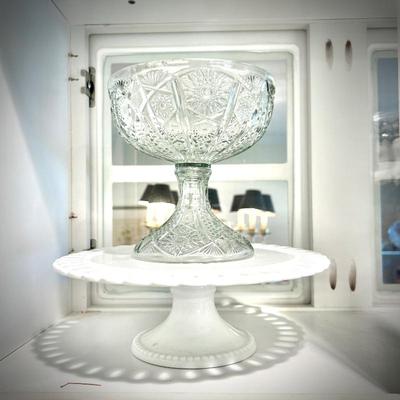 Clear Depression glass on white milk glass cake  platter