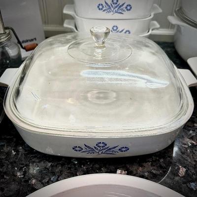 20 pieces of Corningware "Blue Cornflower" casserole dishes, pots, and pie dish