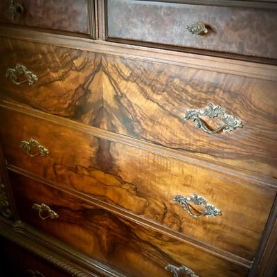 Antique flame mahogany & burl bedroom set - queen bed, bedside stand, dresser & mirror, and highboy