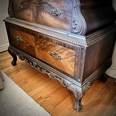Antique flame mahogany & burl bedroom set - queen bed, bedside stand, dresser & mirror, and highboy