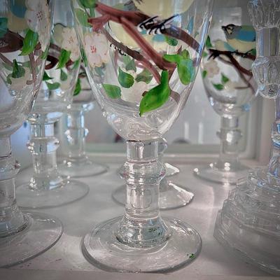 Water glasses with hand-painted birds