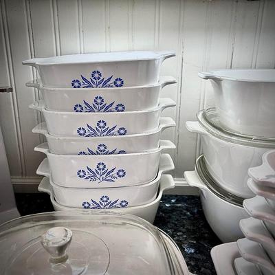 20 pieces of Corningware "Blue Cornflower" casserole dishes, pots, and pie dish