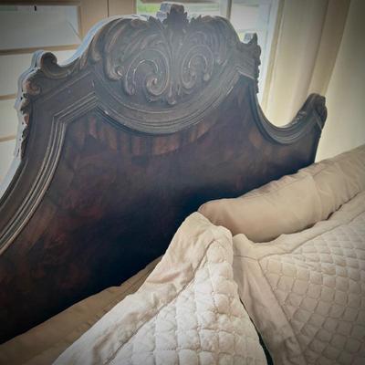 Antique flame mahogany & burl bedroom set - queen bed, bedside stand, dresser & mirror, and highboy