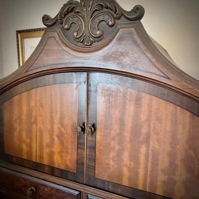 Antique flame mahogany & burl bedroom set - queen bed, bedside stand, dresser & mirror, and highboy