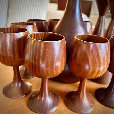 MCM turned wood decanter & goblets
