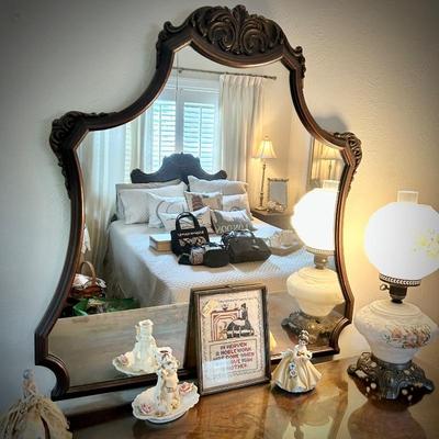 Antique flame mahogany & burl bedroom set - queen bed, bedside stand, dresser & mirror, and highboy