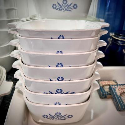 20 pieces of Corningware "Blue Cornflower" casserole dishes, pots, and pie dish