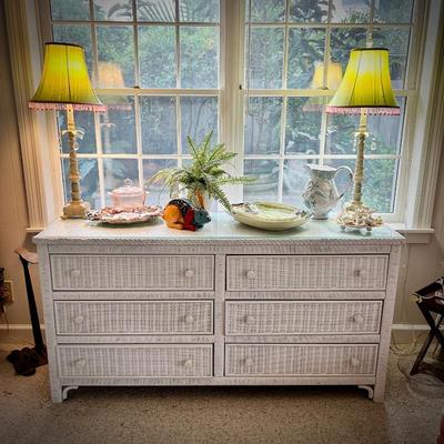 White wicker dresser with six drawers and glass top