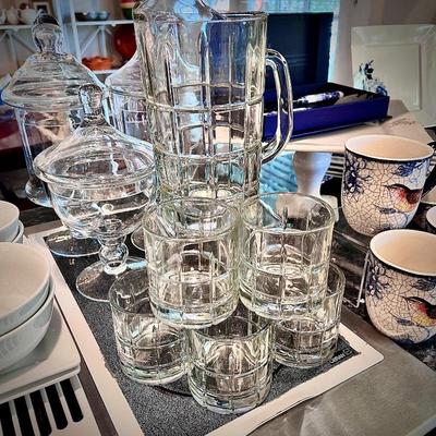 Set of vintage Anchor Hocking "Tartan Plaid" double old fashioned rocks glasses and pitcher