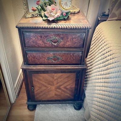 Antique flame mahogany & burl bedroom set - queen bed, bedside stand, dresser & mirror, and highboy