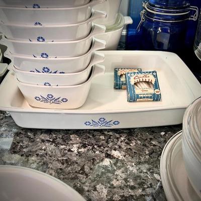 20 pieces of Corningware "Blue Cornflower" casserole dishes, pots, and pie dish