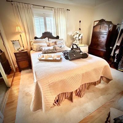 Antique flame mahogany & burl bedroom set - queen bed, bedside stand, dresser & mirror, and highboy