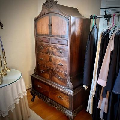 Antique flame mahogany & burl bedroom set - queen bed, bedside stand, dresser & mirror, and highboy