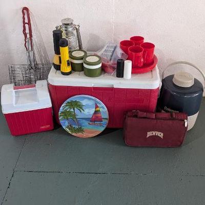 Lot #B174 - Camping Supplies: Coolers, Water Jug, Grill Baskets, Picnic Blanket, Lanterns & More...