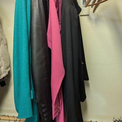 Lot #B15 - Vintage Leather Coat, Black Lightweight Jacket, Pink Shirt, and Teal Peacoat, Size Small