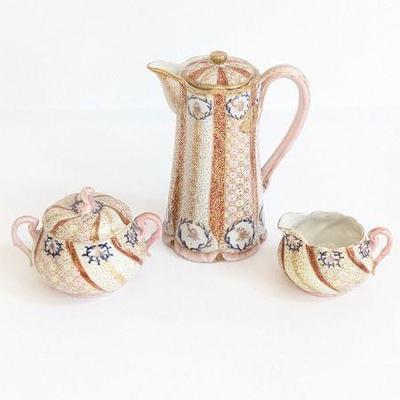 Lot #B91 - Antique Ceramic Coffee Set - Teapot, Creamer, Sugar Bowl with Floral Design