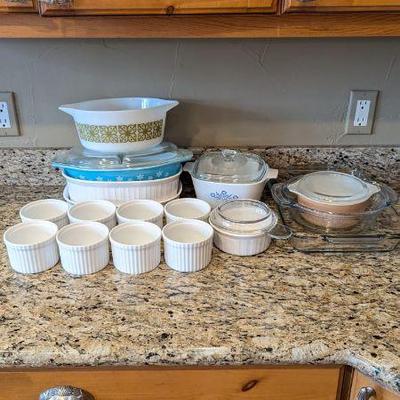 Lot #B75 - Vintage Pyrex and Corning Ware Cookware Collection & Crate & Barrel Large Ramekins