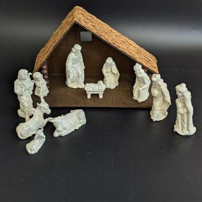 Lot #B171 - Vintage 11pc Goebel W Germany White Nativity Figurines Wood Stable Manger Creche