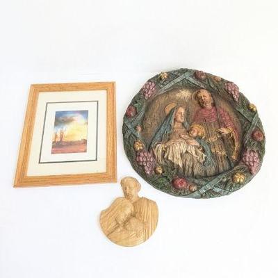 Lot #B168 - Decorative Nativity Art Lot - Framed Painting & Sculpted Wall Hangings