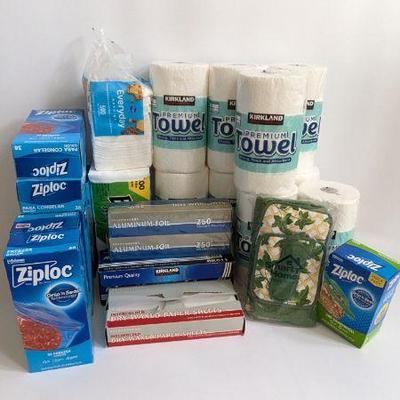 Lot #B93 - Household Essentials Lot - Paper Towels, Ziploc Bags, Aluminum Foil, and More