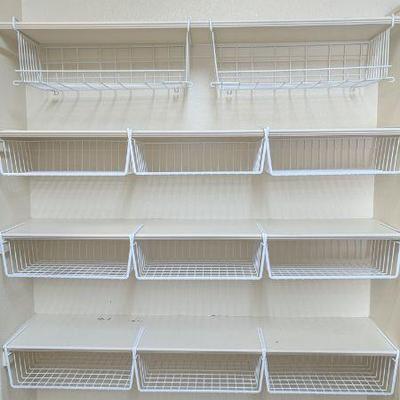 Lot #B52 - White Metal Under-shelf Baskets & Sterilite Clear Plastic Shoe Bins