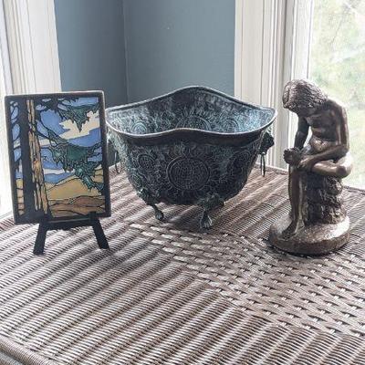 Lot #B8 - Redwood Art Tile, Hammered Copper Bowl, & Sculpture of “The Boy With Thorn”