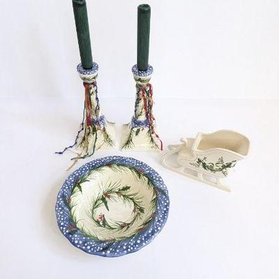 Lot #B161 - Christmas Ceramic Candle Sticks & Bowl, and FTD Christmas Sleigh